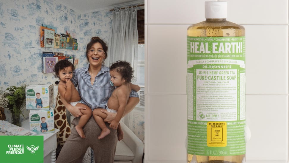 Woman holding two children in nursery / A bottle of Dr. Bronner's soap with a green label