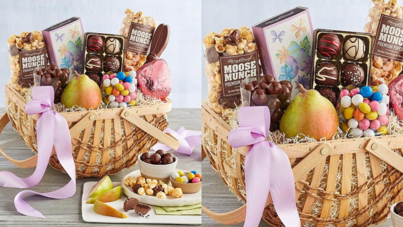 A Harry & David Easter basket full of snacks and fruit