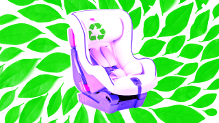 A vibrant photo of a purple car seat with green recycling leaves in the background