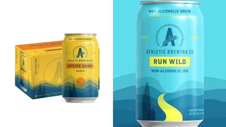 Left: A 6-pack of non-alcoholic beer with one of the brightly colored yellow cans place in front of the box against a white background. Right: A silhouetted blue can of Athletic Brewing Co.'s non-alcoholic beer against a blue background.