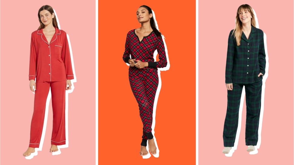Collage of three women wearing pajama sets from Eberjey, Victoria's Secret, and L.L.Bean.