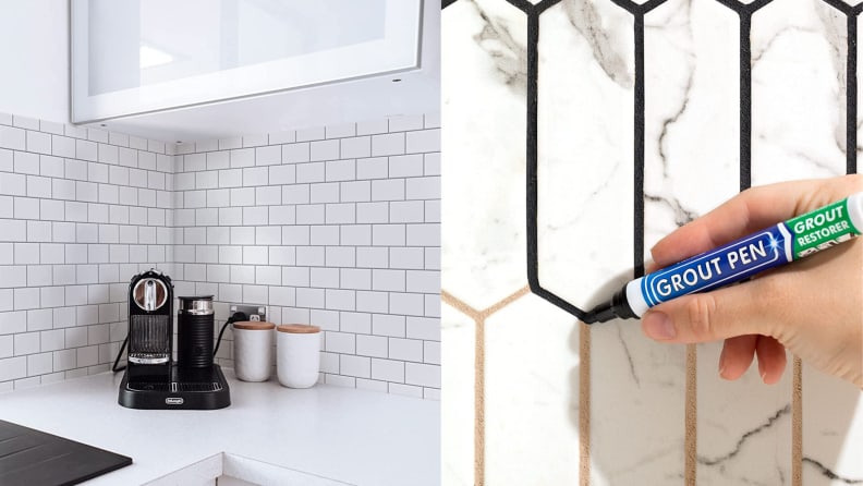 A kitchen with a white peel-and-stick tile backsplash. A person using a black marker on tile.