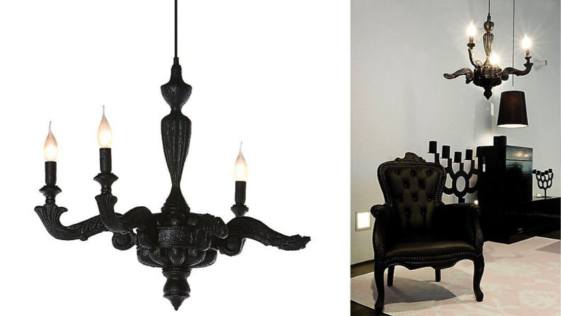 Side-by-side images of the Moooi smoke chandelier