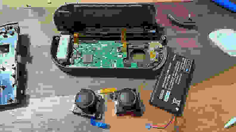 A Nintendo Switch joycon disassembled.