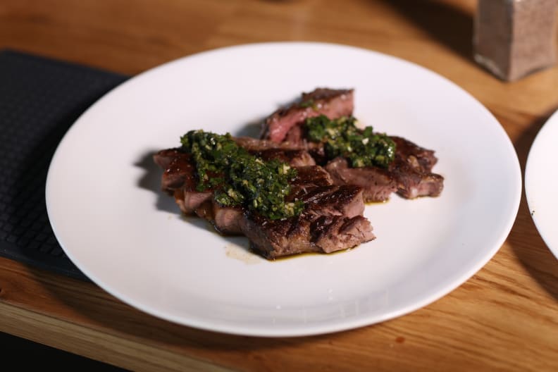 Finished steak after searing in a pan