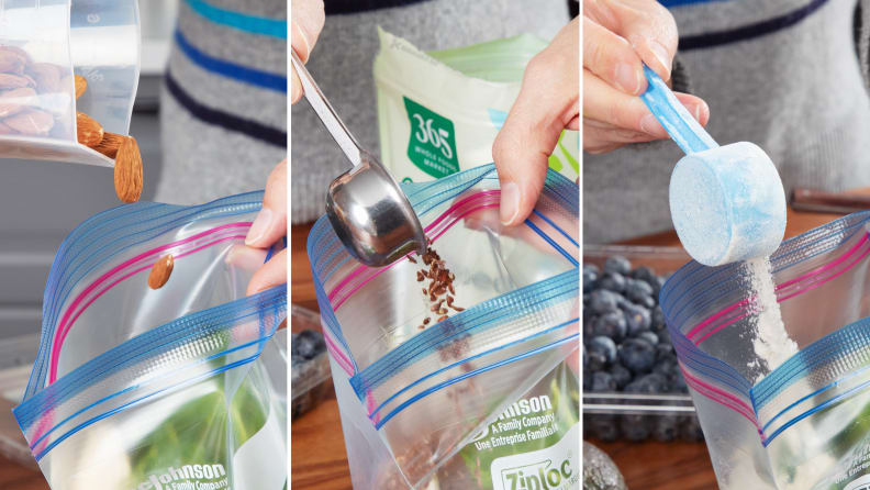 Izquierda: Agregando almendras a una bolsa.  Medio: agregando semillas de lino a la bolsa.  Derecha: Agregar proteína en polvo a una bolsa.