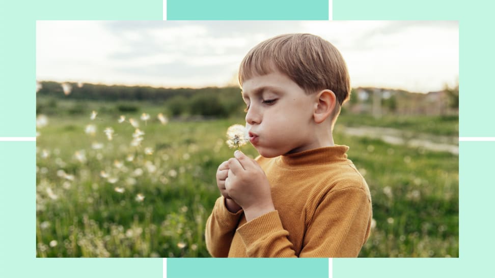 Boy blowing on dandelion while outside.