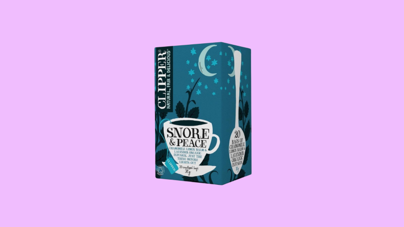 A box of Clipper Snore Tea against a lavender background.