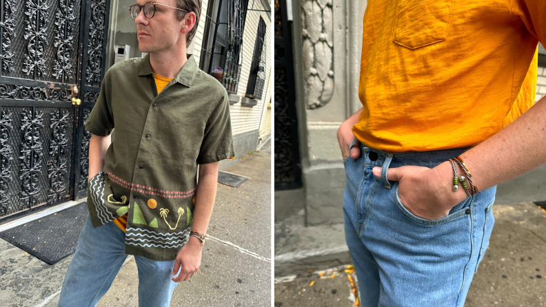 The author wearing a tropical printed green shirt, alongside a close-up of the waistband on Roark jeans.