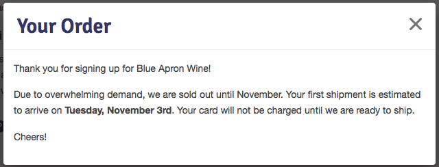 Blue Apron Wine sold out notice