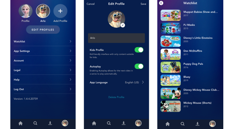 Disney+ app screenshots of the parental controls from a kid's profile