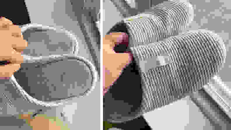 Two photos of the author showing how the fabric of a pair of gray slippers has aged with wear.