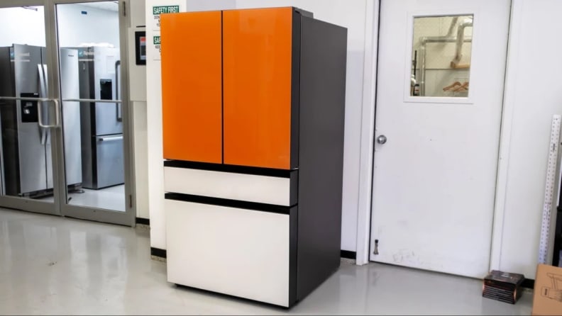 A Samsung Bespoke fridge outside the Reviewed testing lab.