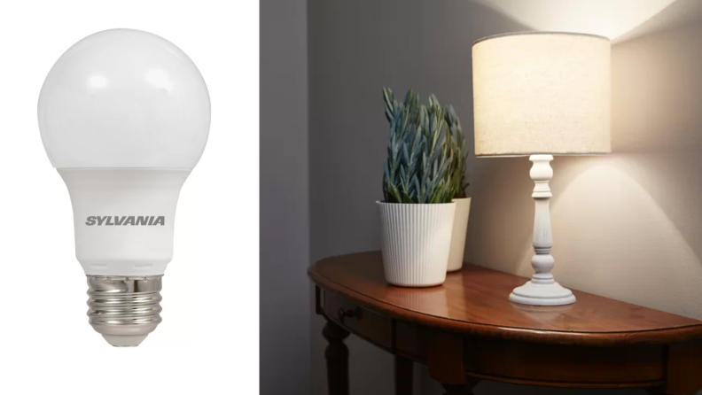 An image of a lightbulb next to an image of the same lightbulb in use in a lamp on a table.