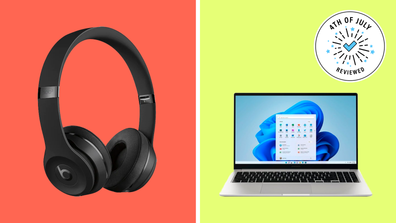 A pair of black headphones on the left against a red background. An HP laptop on the right against a green background. A reviewed 4th of July emblem is in the top right corner.