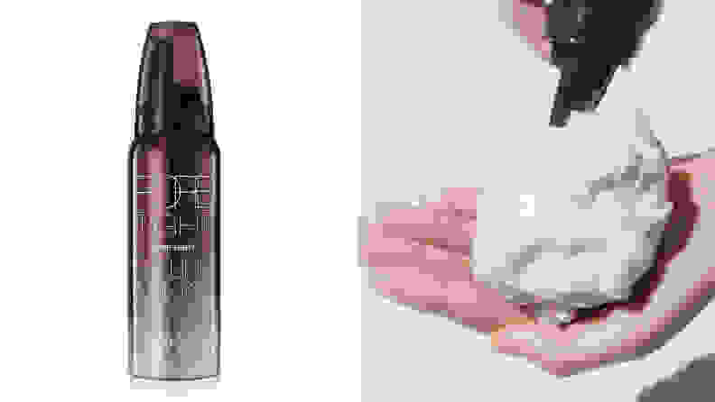 On the left: The Neogen Pore Tight Peeling Mousse's purple bottle that fades to silver stands on a white background. On the right: A light-skinned hand floats in the middle of a grey background and the Neogen Pore Tight Peeling Mousse floats above the hand. A white dollop of mousse is on the hand.