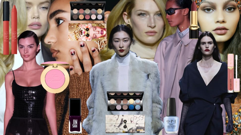 Collage of models at the New York Fashion Week fall / winter 2024 shows along with several makeup products.
