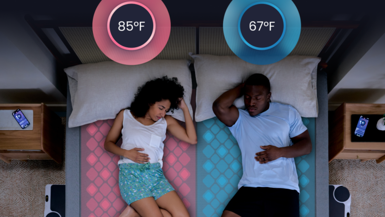 A couple sleeps on a bed with dual-zone temperature control, showing separate settings of 85°F and 67°F using the Chilipad Dock Pro system.