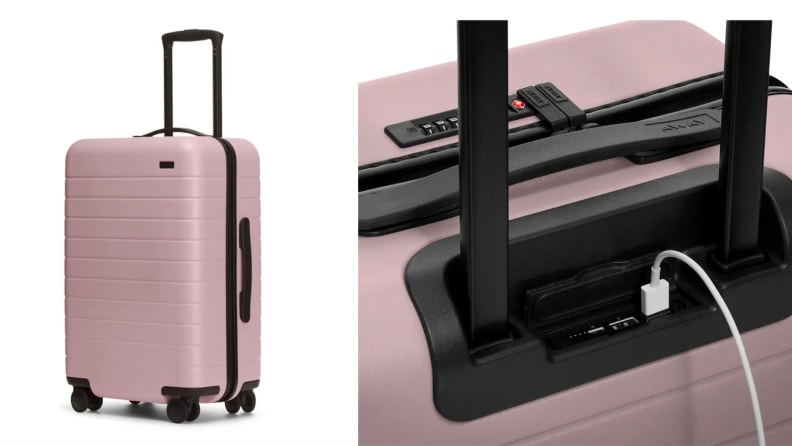 On left, product shot of blush colored suitcase from Away Travel. On right, Apple USB cord plugged into blush colored suitcase from Away Travel.