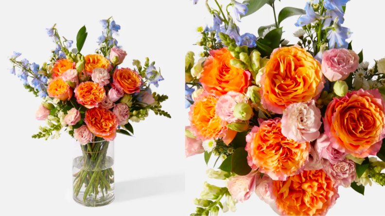 Two images of a colorful spring bouquet.