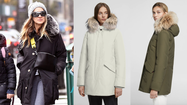 Actress Sarah Jessica parker is photographed wearing a Woolrich arctic down parka. To the right, two more models are pictured wearing the same coat in different colors.