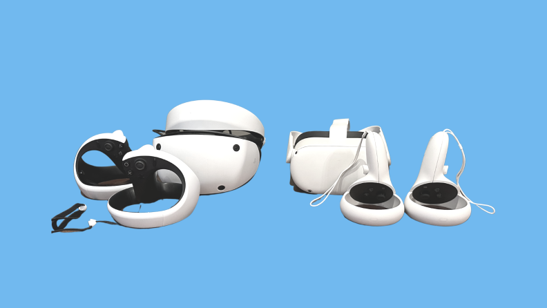 The PSVR 2 and Meta Quest 2 VR headset side-by-side on a blue background