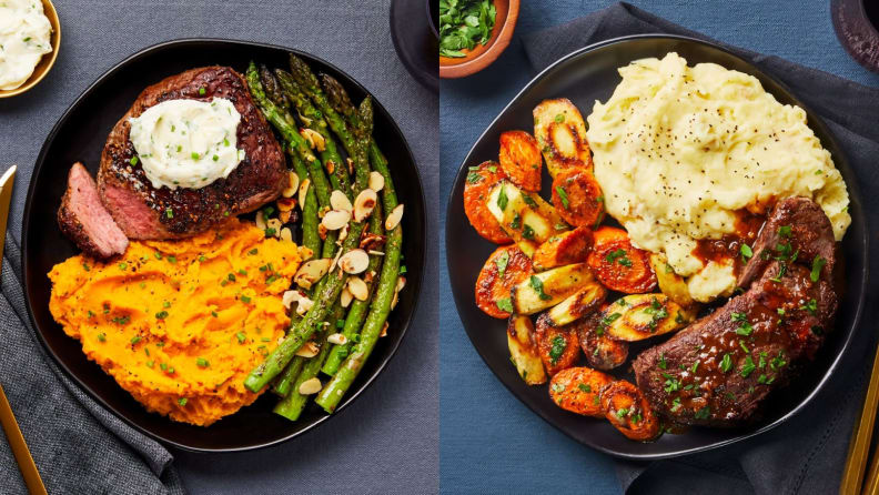 On left, steak served with mashed sweet potatoes and roasted asparagus. On right, a steak served with mashed potatoes and roasted carrots.
