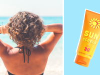 On the left: A person's backside as they run their hands through their curly brown hair and face toward the ocean. On the right: An orange bottle of sunscreen on a blue background.