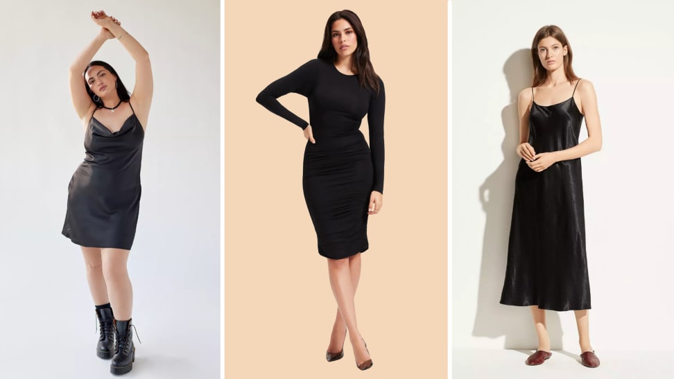 Collage of three black dresses on models.