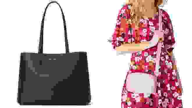 On right, black leather purse. On right, person wearing pink crossbody purse.