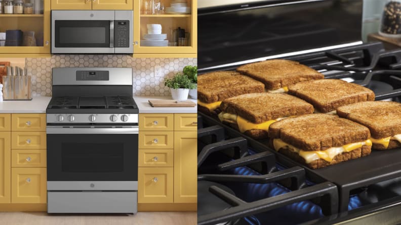 Two images of a stainless steel oven in a kitchen.  Grilled Cheese Sandwiches Grill on the stove.