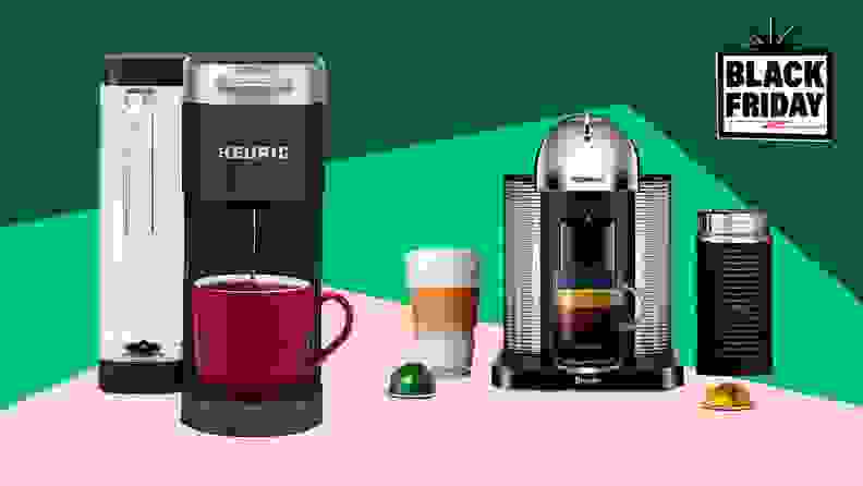 Coffee makers on green background