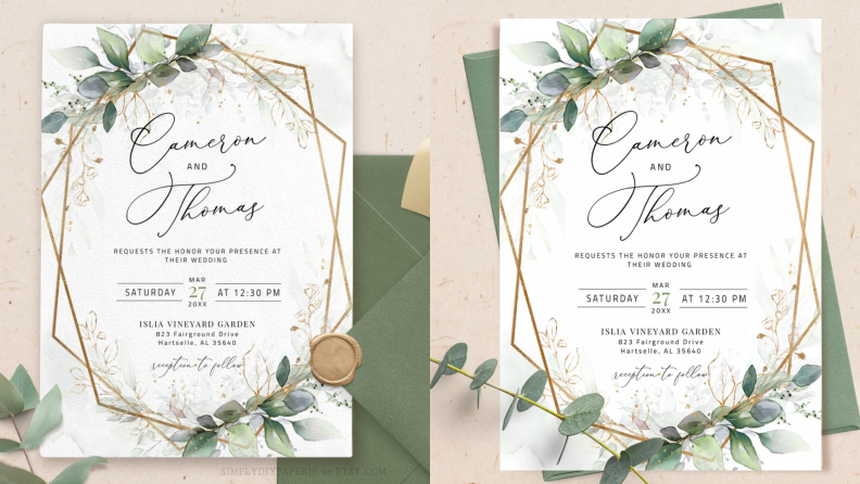 Two simple floral wedding invitations.