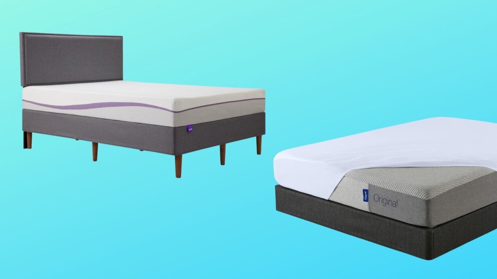 a purple mattress on an upholstered bed frame next to a casper mattress on an upholstered foundation