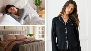 A collage with a Cozy Earth sheet set, a woman sleeping, and a woman modeling a robe.