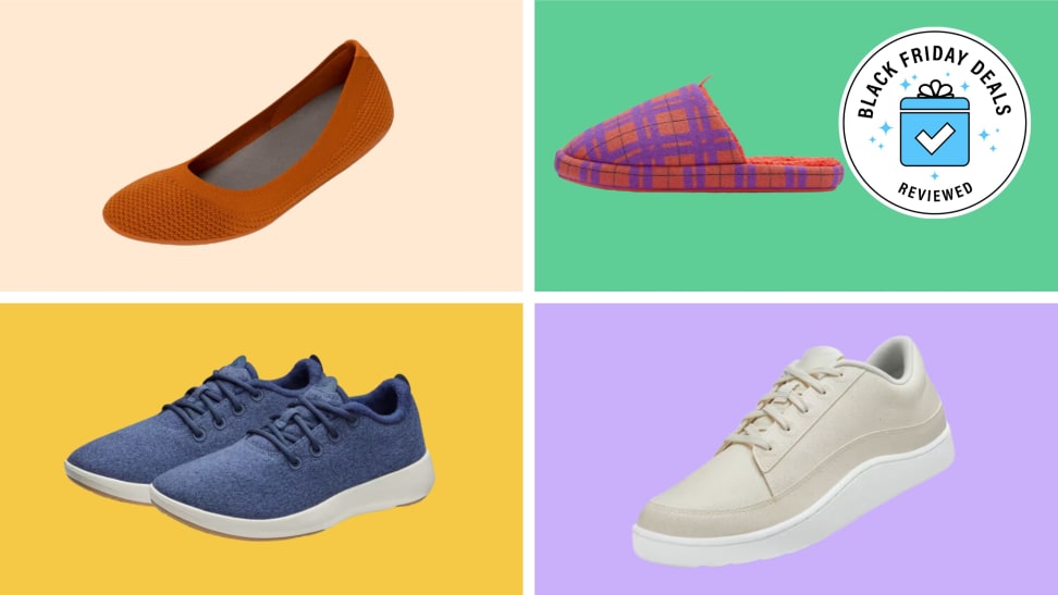 Four sets of Allbirds shoes with the Black Friday Deals Reviewed badge in front of colored backgrounds.