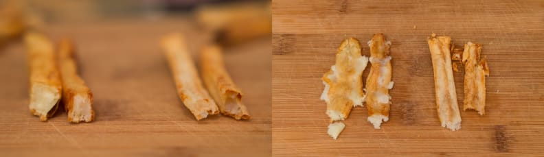 The deep fried fries are on the left in both of these shots, showing how much of the fluffy interiors have been lost.