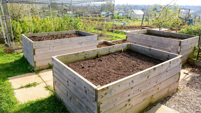 Raised garden beds filled with dirt