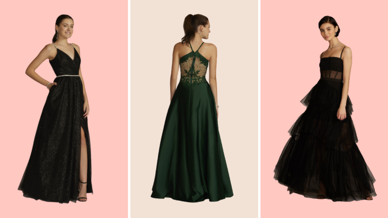 Three gowns, one is black, one is green, and the other is black.