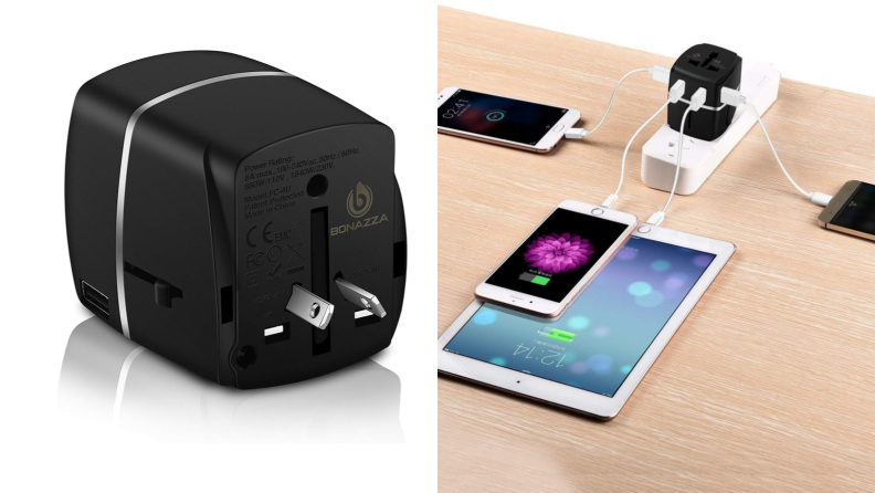 Side-by-side image of an adapter next to the adapter in use plugged into multiple devices