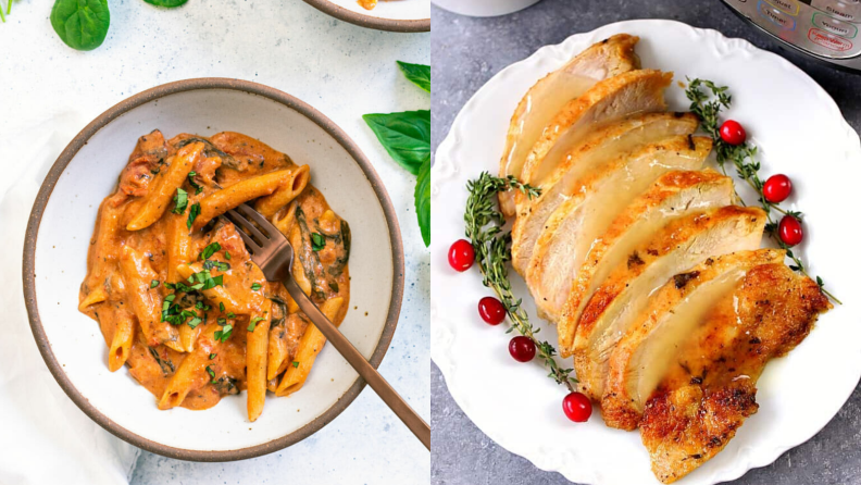 On left, a white plate of penne with a creamy red sauce, topped with fresh basil leaves, with a gold fork places inside. On right, a white plate of turkey breast, sliced, with decorative herbs and red berries on each side.