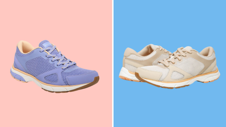 Two pairs of sneakers: On the left is a lavender-colored sneaker, and on the right is a pair of cream colored sneakers.