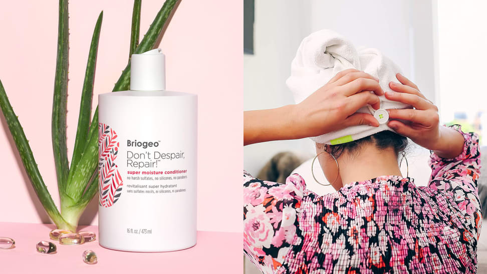 On the left: the Aquis Don't Despair, Repair! Super Moisture Conditioner for Dry + Damaged Hair on a pink background with an aloe plant behind it. On the right: The back of a person's head as they tie the Aquis Lisse Luxe Hair Turban on top of their hair.