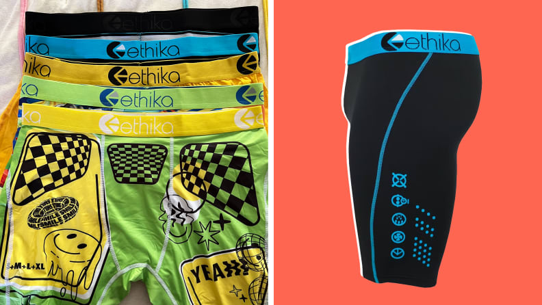 On the left is a shot of five pairs of Ethika waistbands on one top of one another, and on the right is a product shot of a black boxer briefs with blue waistband and details.