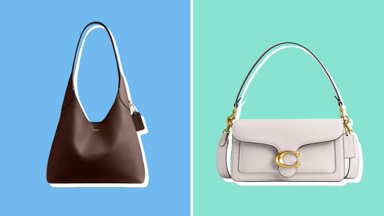 Two Coach purses against turquoise and green backgrounds.