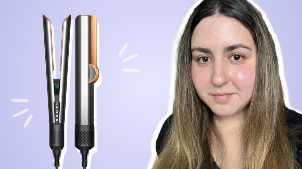 On the left: The Dyson Airstrait hair straightener. On the right: A person with brown straight hair smiling.