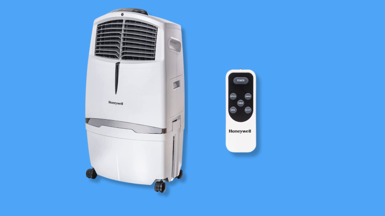 A Honeywell evaporative cooler against a blue background.
