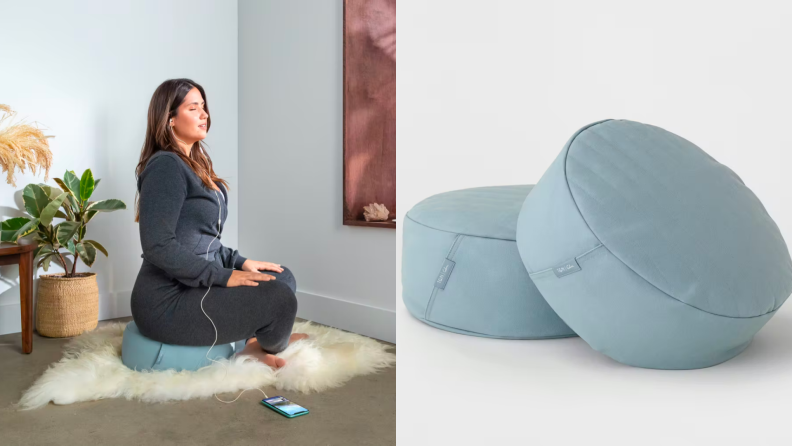 A person relaxes on a plush blue pillow.