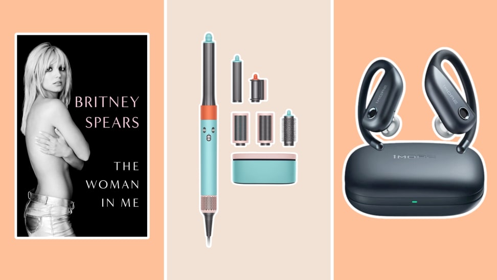A collage of three of the top product releases of the fall including a pair of headphones, the Britney Spears book and a Dyson hair styler.
