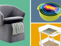 On left, gray Flip-Back Accent Chair with throw blanket hanging out. On right, colorful collapsible colanders on top of clear acrylic 3-tier rolling rack.